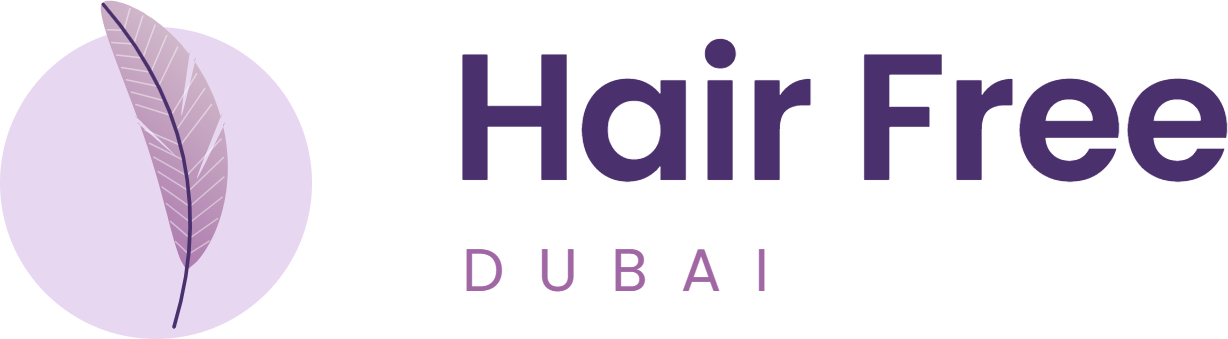 Hair Free Dubai logo: a soft purple feather in a lilac circle beside the words Hair Free Dubai