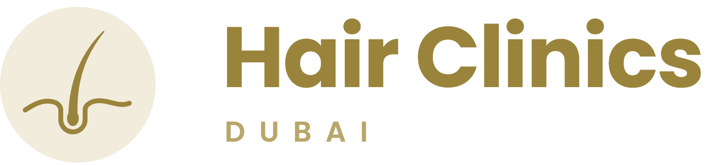 Hair Clinics Dubai logo in gold: a hair follicle in a cream circle beside the words Hair Clinics Dubai